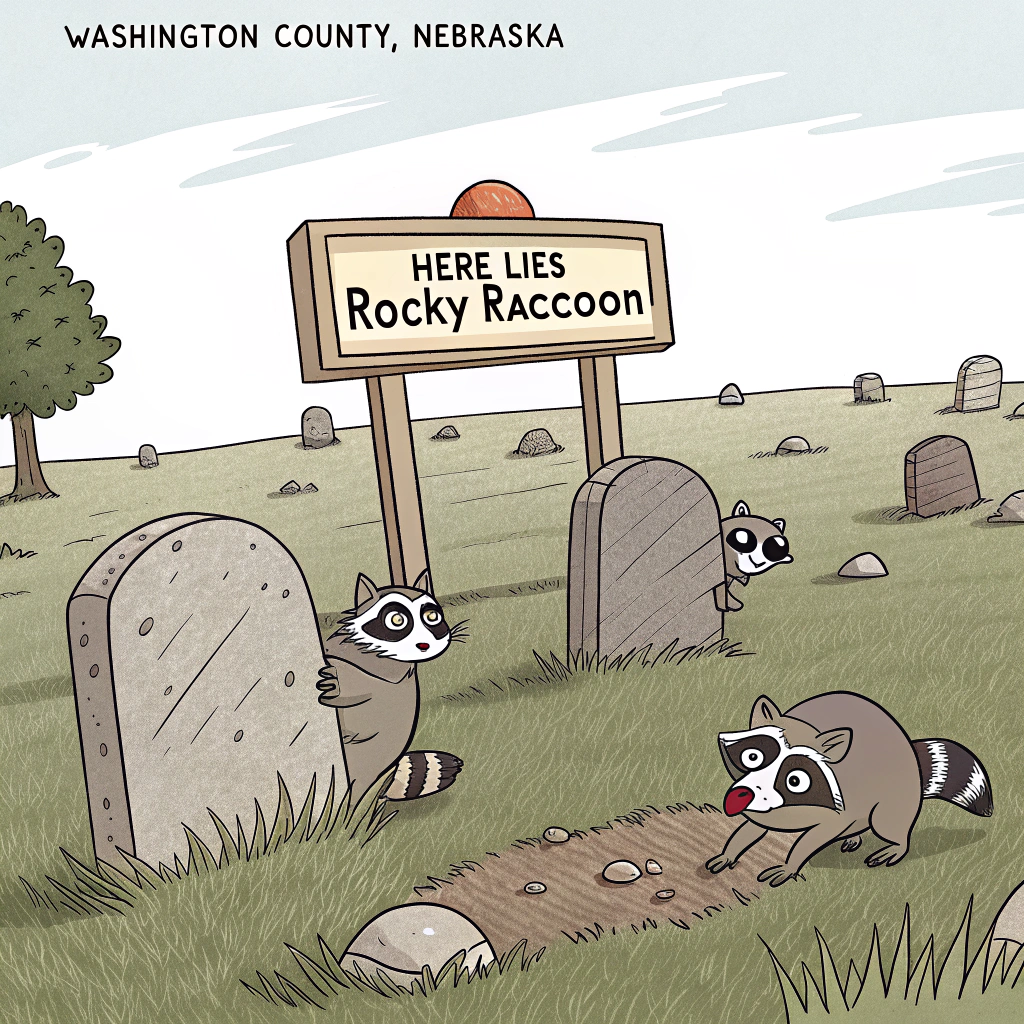 AI generated image by Red Panda AI: raccoon graveyard, tombstone reads "Here Lies Rocky Raccoon", and "Washington, County, Nebraska" sign somewhere, cartoon style
