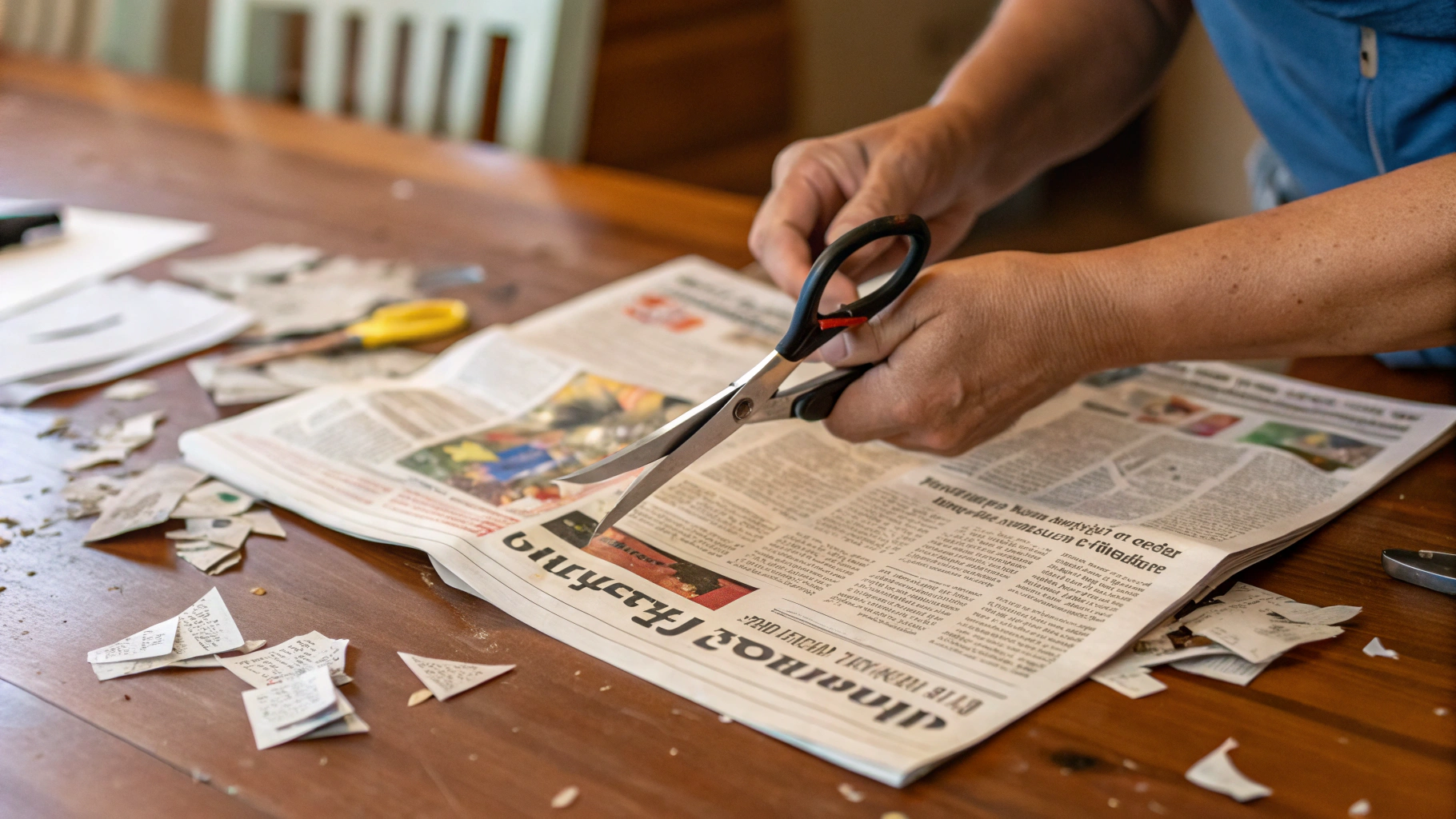 AI generated image by Red Panda AI: cutting up a newspaper with scissors