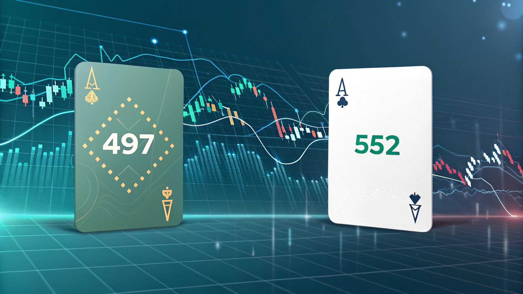 AI generated image by Red Panda AI: on one side is the number $497, on the other side is the number $552. futuristic, stock market related charts in the background