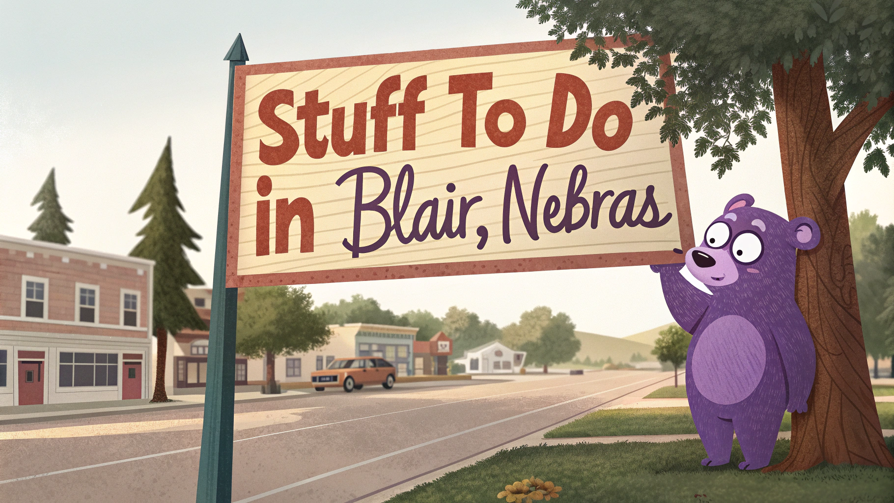 AI generated image by Red Panda AI: "Stuff to Do in Blair, Nebraska" sign, a purple bear