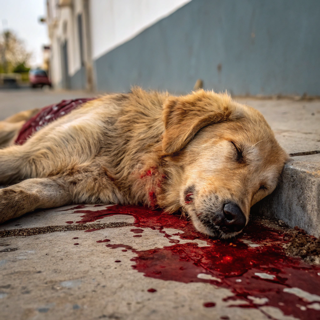 AI generated image by Red Panda AI: perro muerto sangrando