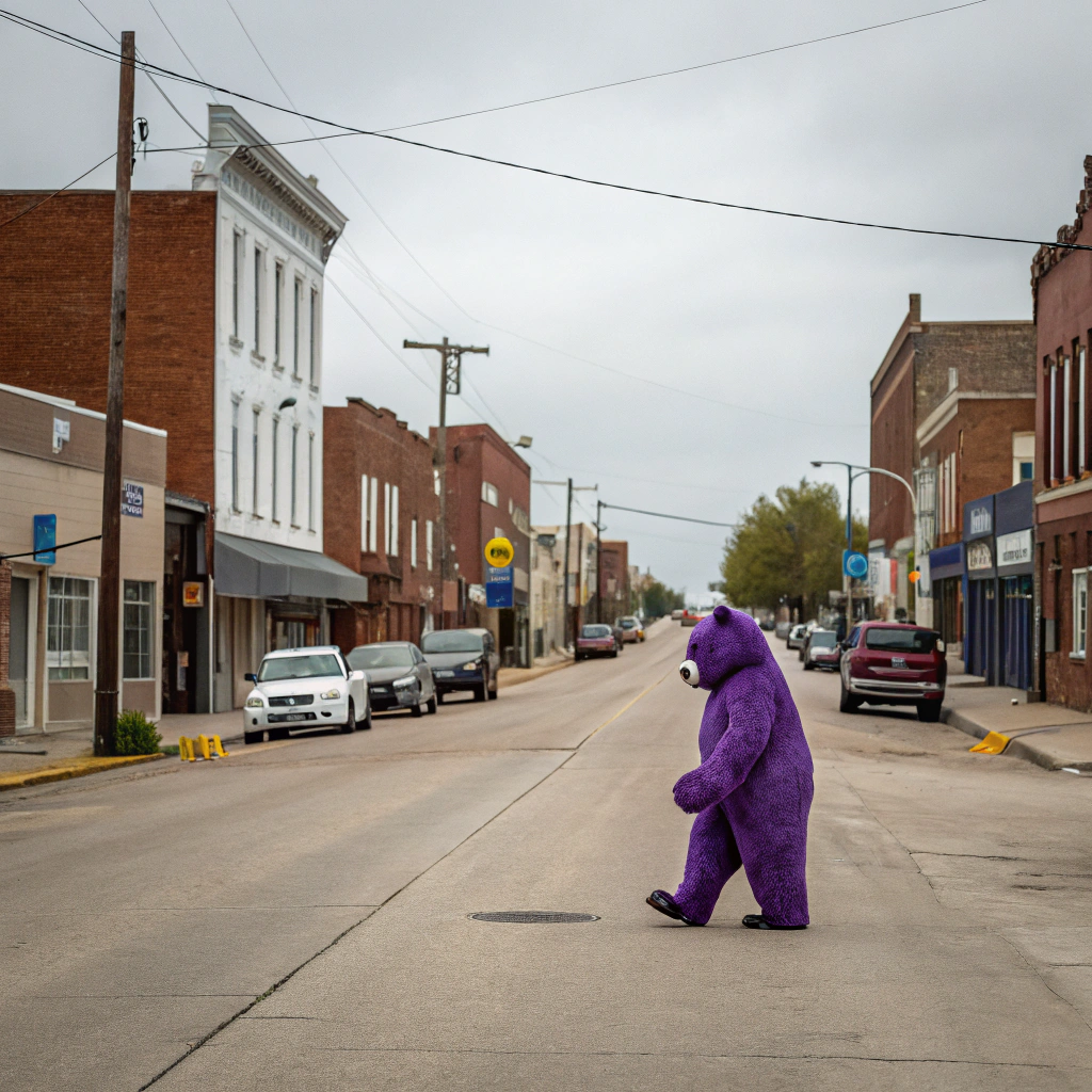 AI generated image by Red Panda AI: a purple bear roams the streets of Blair, Nebraska