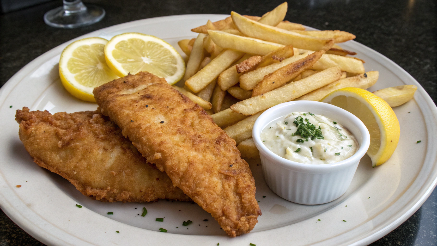 AI generated image by Red Panda AI: two pieces of fried fish, french fries, two lemon wedges, and a small cup of tarter sauce on a plate