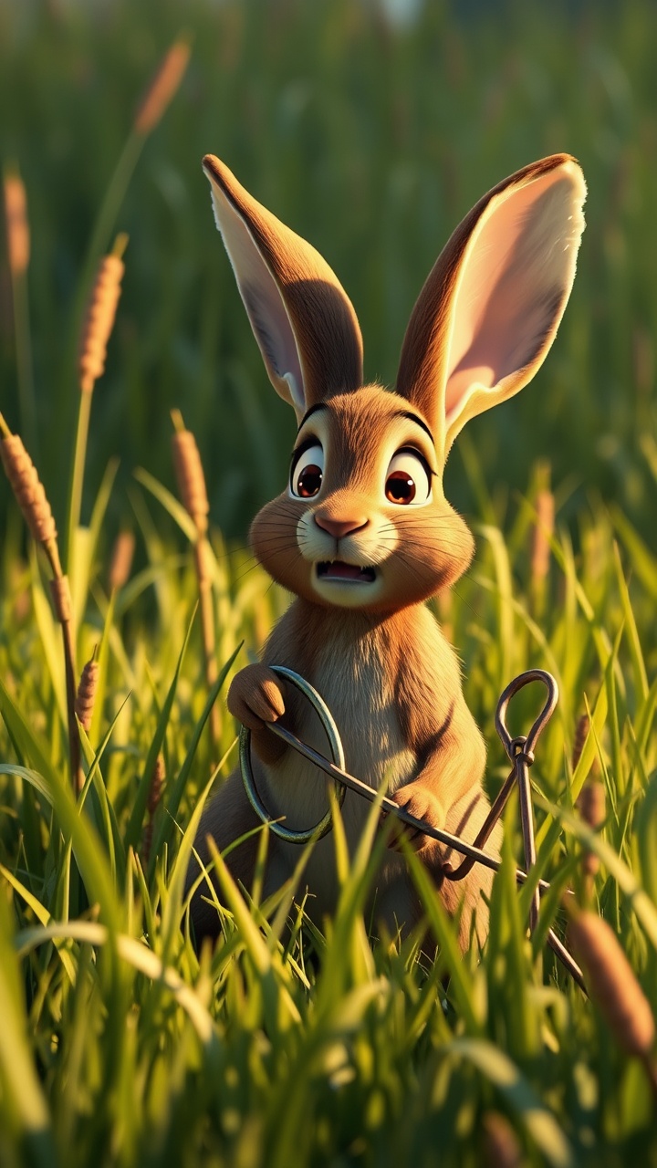AI generated image by FLUX.1-schnell: A dramatic 3D Pixar-style scene of a brown rabbit caught in a hunter’s snare in a lush meadow. The rabbit's eyes are wide with fear, its ears pulled back, and its body tense as it struggles against the metal loop gripping its hind leg. The surrounding tall grass is slightly trampled, showing signs of movement. The sunlight still bathes the meadow in a warm glow, contrasting with the rabbit’s distress. The atmosphere conveys a strong sense of danger and urgency.