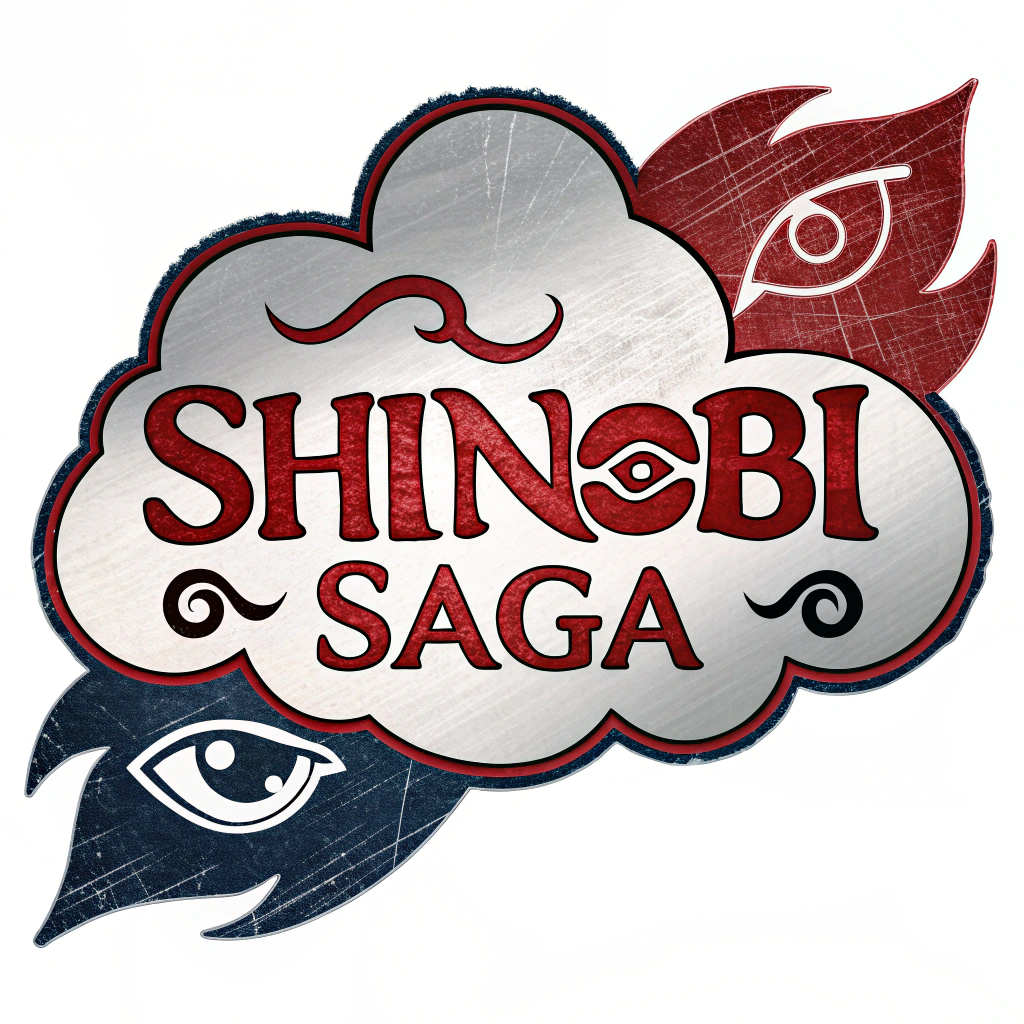AI generated image by Red Panda AI: quiero que crees un logo que diga Shinobi saga De refenrecia a sasuke de naruto con el mangekyo sharingan a los lados y que le agreges los ojos del sharigan normal el texto de shinobi saga sea asi como los akatsuki osea de coolor como rojo como la nube
