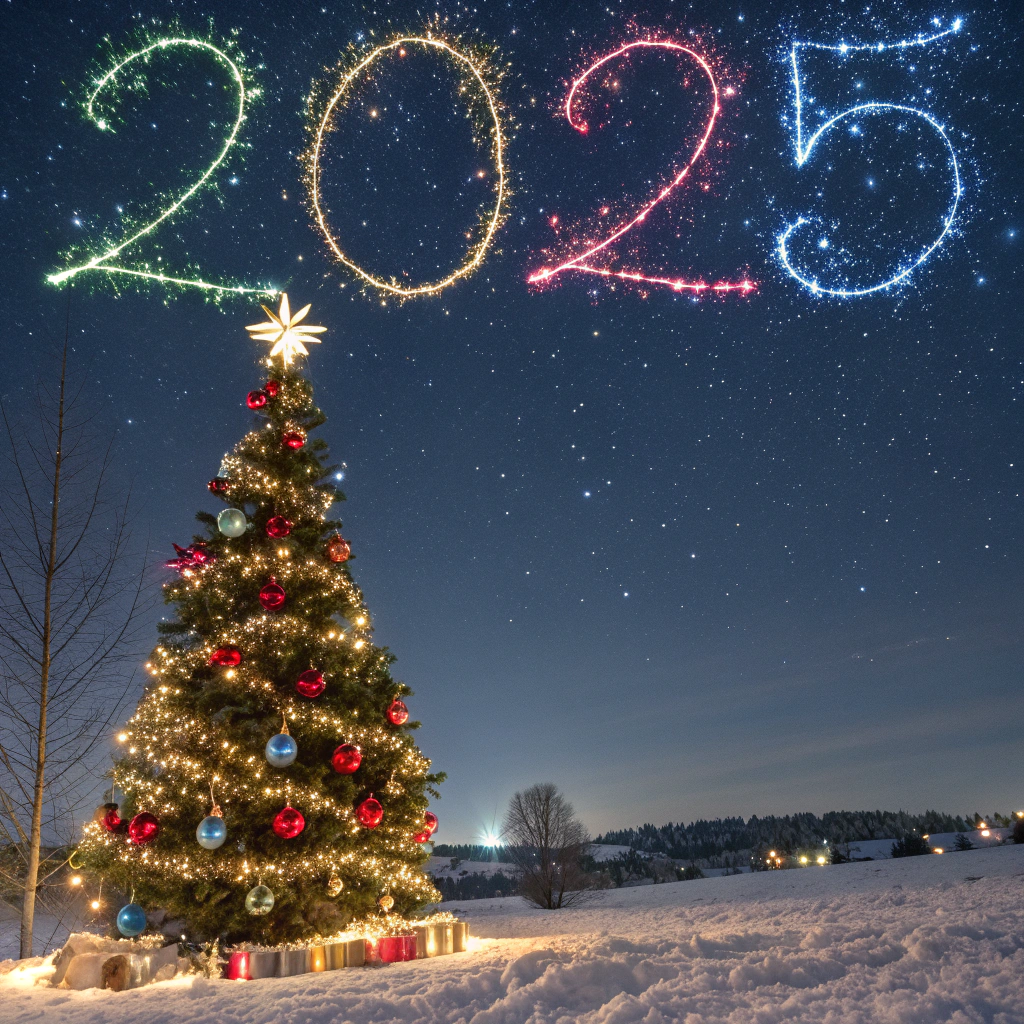 AI generated image by Red Panda AI: a christmas tree stands under a starry sky with fireworks which builds the word „2025“