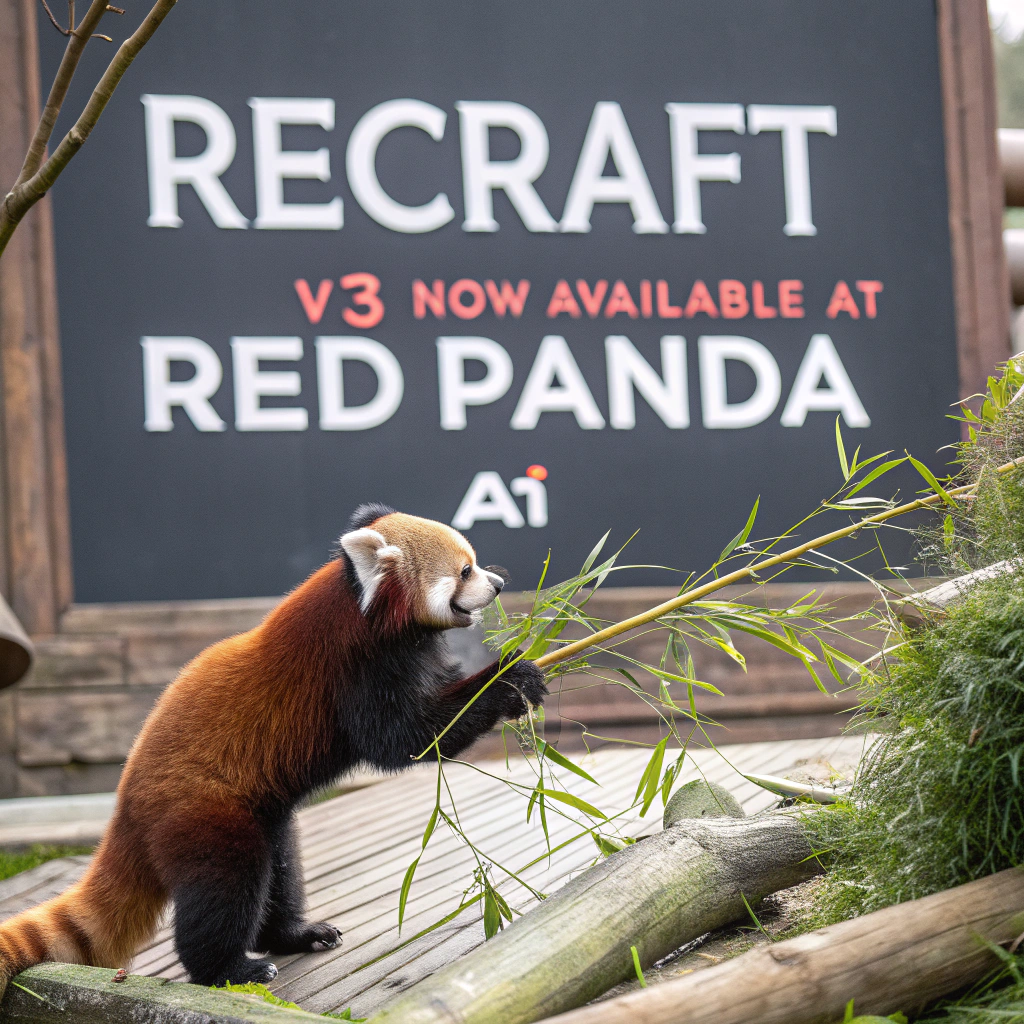 AI generated image by Red Panda AI: a red panda eating a bamboo in front of a poster that says "recraft V3 now available at red panda ai