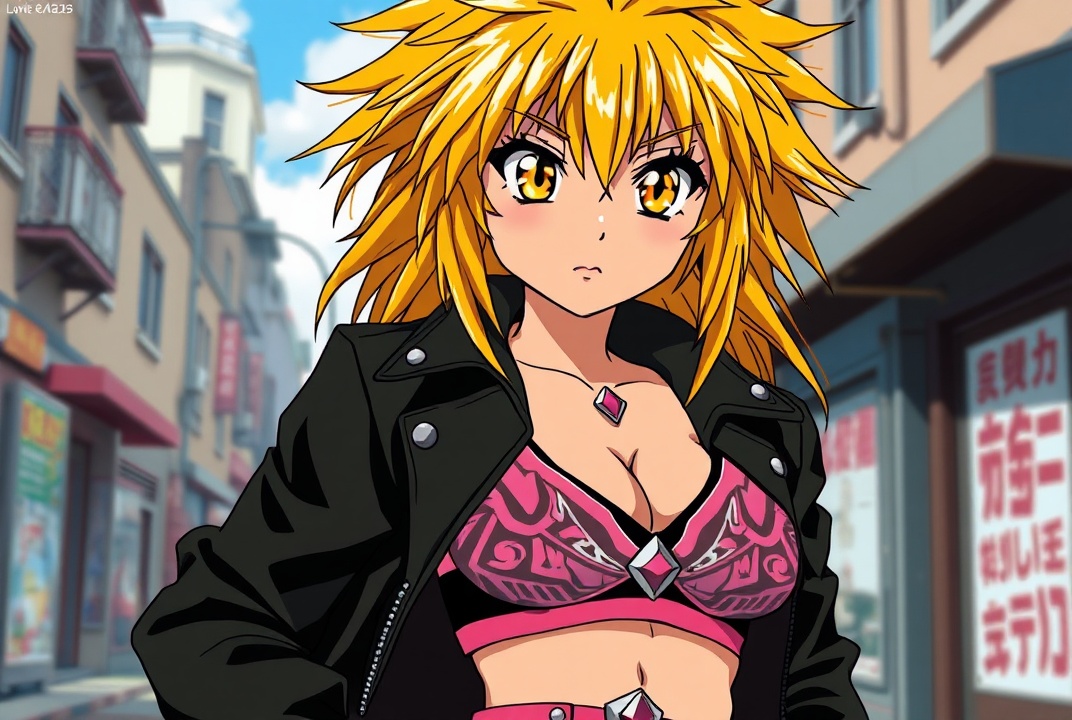 AI generated image by FLUX.1-schnell: takahiro kimura retro anime art, as gaogaigar character, 1997 anime style tv show screencap screenshot, golden orange eyes, big cartoonish eyes, golden yellow fallen grungy messy hair, big lionhair style, long messy spiky hair fringe bangs, tanned skin, black leather jacket, black leather pants, studded pink belt, black sport bra with pink and white designs, fit attractive femenine body with few muscular abs, woman, pink gem navel piercing, big breast, street background, better shaders
