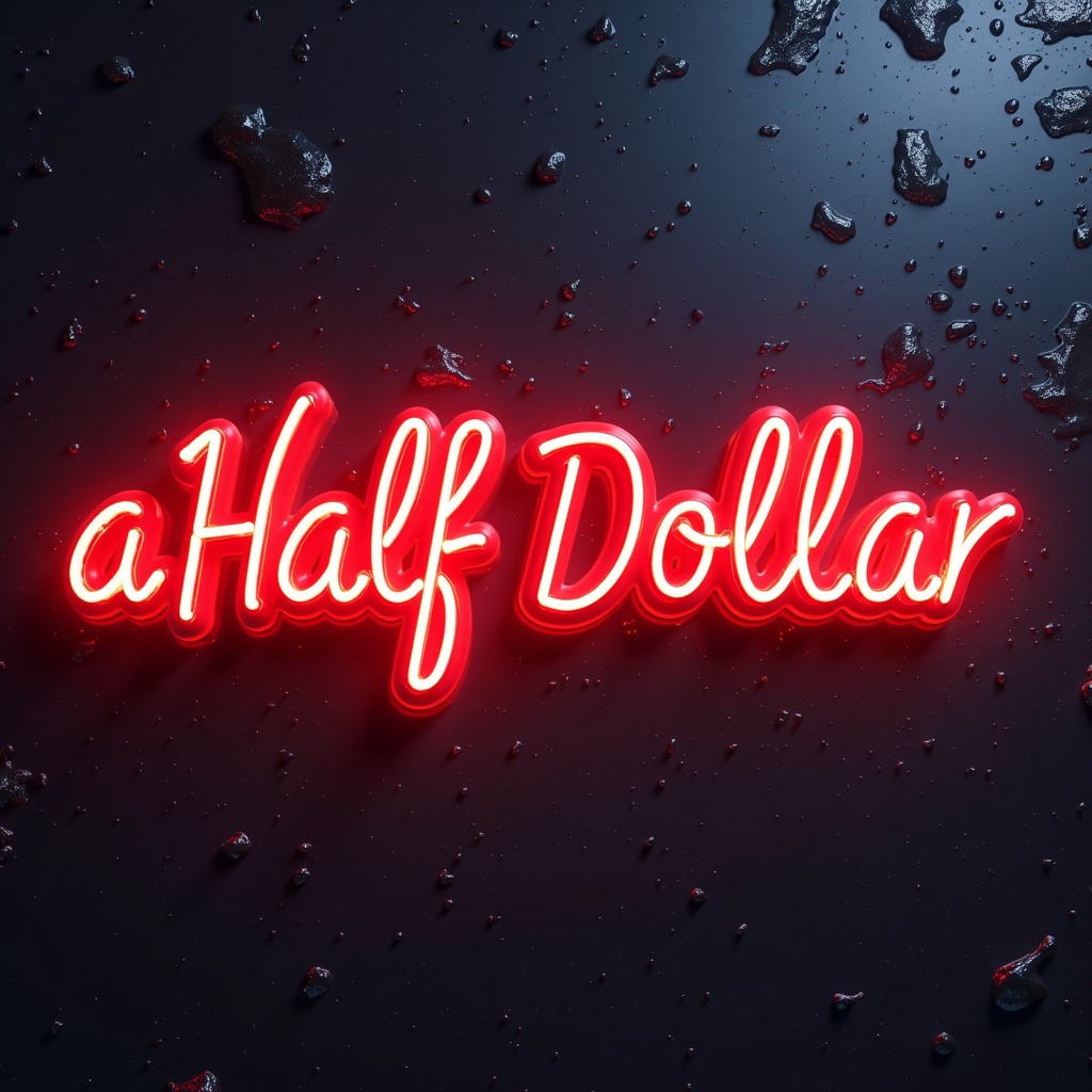 AI generated image by FLUX.1-pro: "aHalfDollar" written in sci-fi font on a dark one color background, RED COLOR 3D RENDER NEON SCRIPT HANDWRITTEN FONT, glassy background, neon on glass