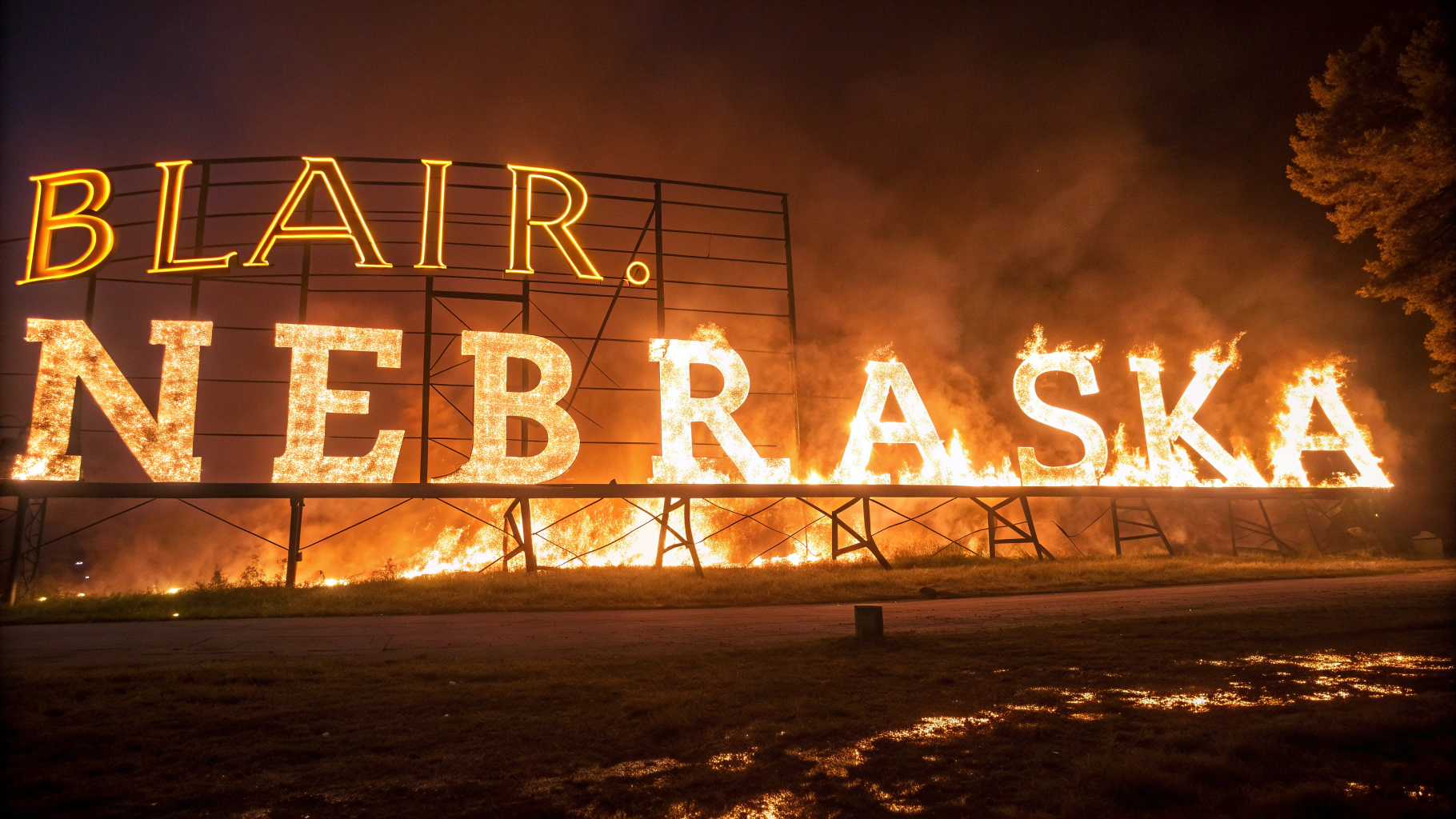 AI generated image by Red Panda AI: The words "Blair, Nebraska" on fire.  Clearing in a blaze.  The words "Blair, Nebraska" ablaze