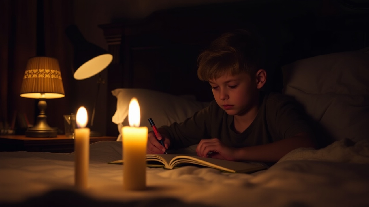 AI generated image by FLUX.1-schnell: Boy studying in dim bed with a lamp on the table from the side, but with dead burnt out candles on the foreground