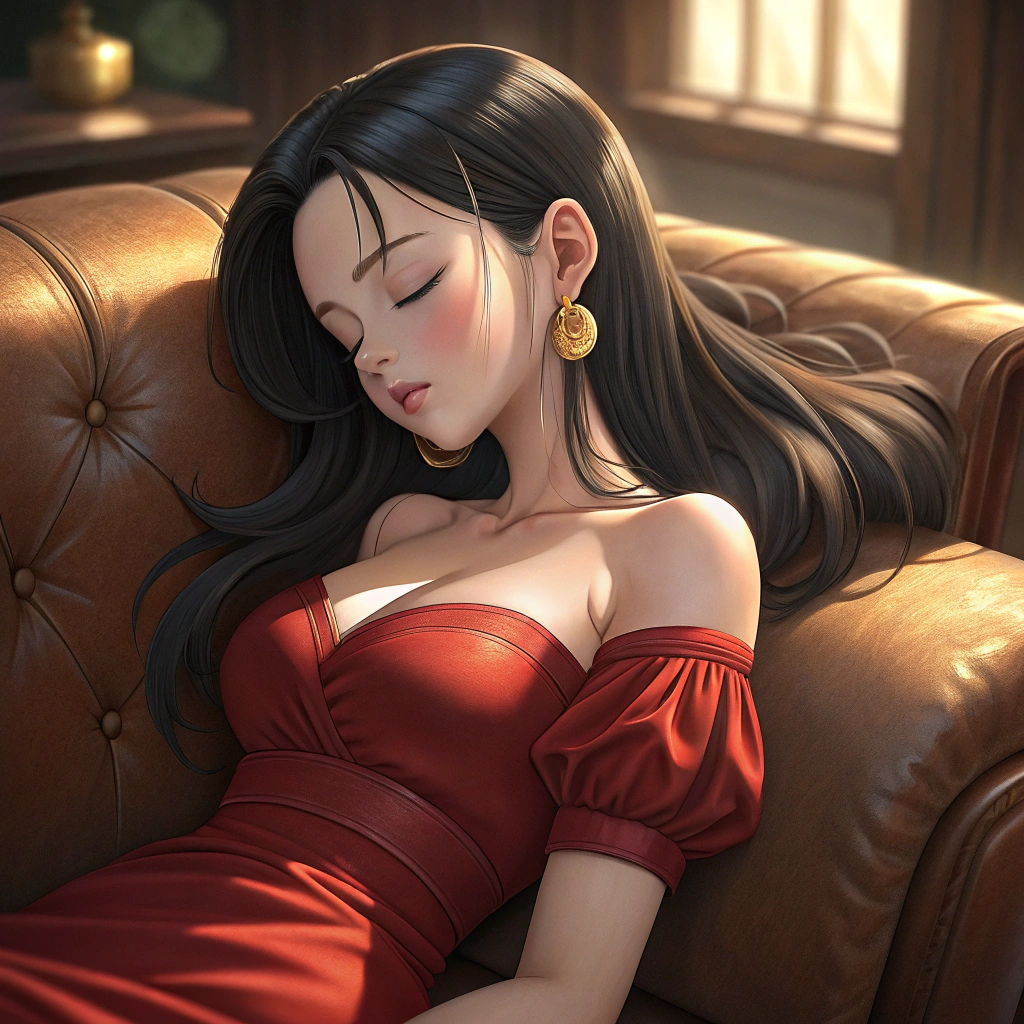 AI generated image by Red Panda AI: "1girl, kefla dragon ball style, sleeping on a brown leather couch, elegant red dress, off-shoulder, large bust, black long hair, golden earrings, blushing, peaceful expression, soft lighting, warm background, highly detailed, 8k, masterpiece, ultra high res, smooth skin"