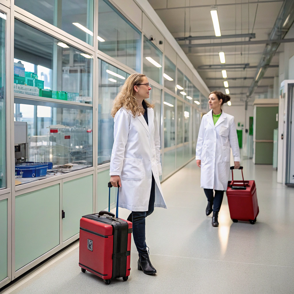 AI generated image by Red Panda AI: generar la imagen de dos damas vestidas con bata de laboratorio que llevan maletas y caminan por un centro cientifico