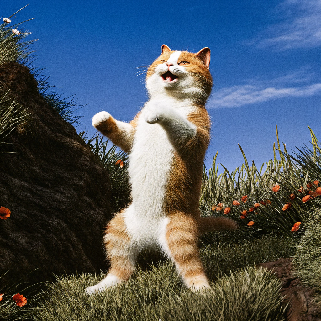 AI generated image by Red Panda AI: Un gato alegre de pelaje naranja y blanco, bailando sobre sus patas traseras en una ladera con pastos verdes y flores alrededor