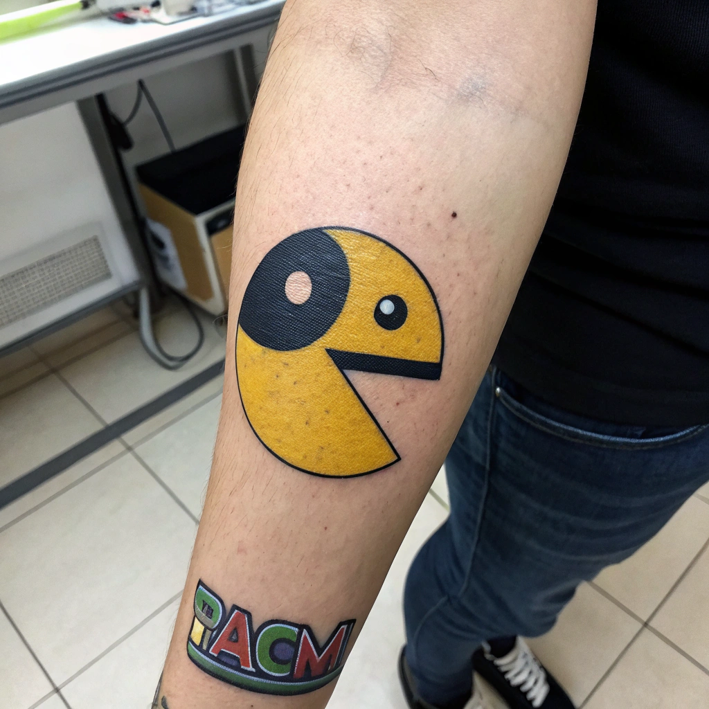 AI generated image by Red Panda AI: Tatuaje de pacman negro en brazo