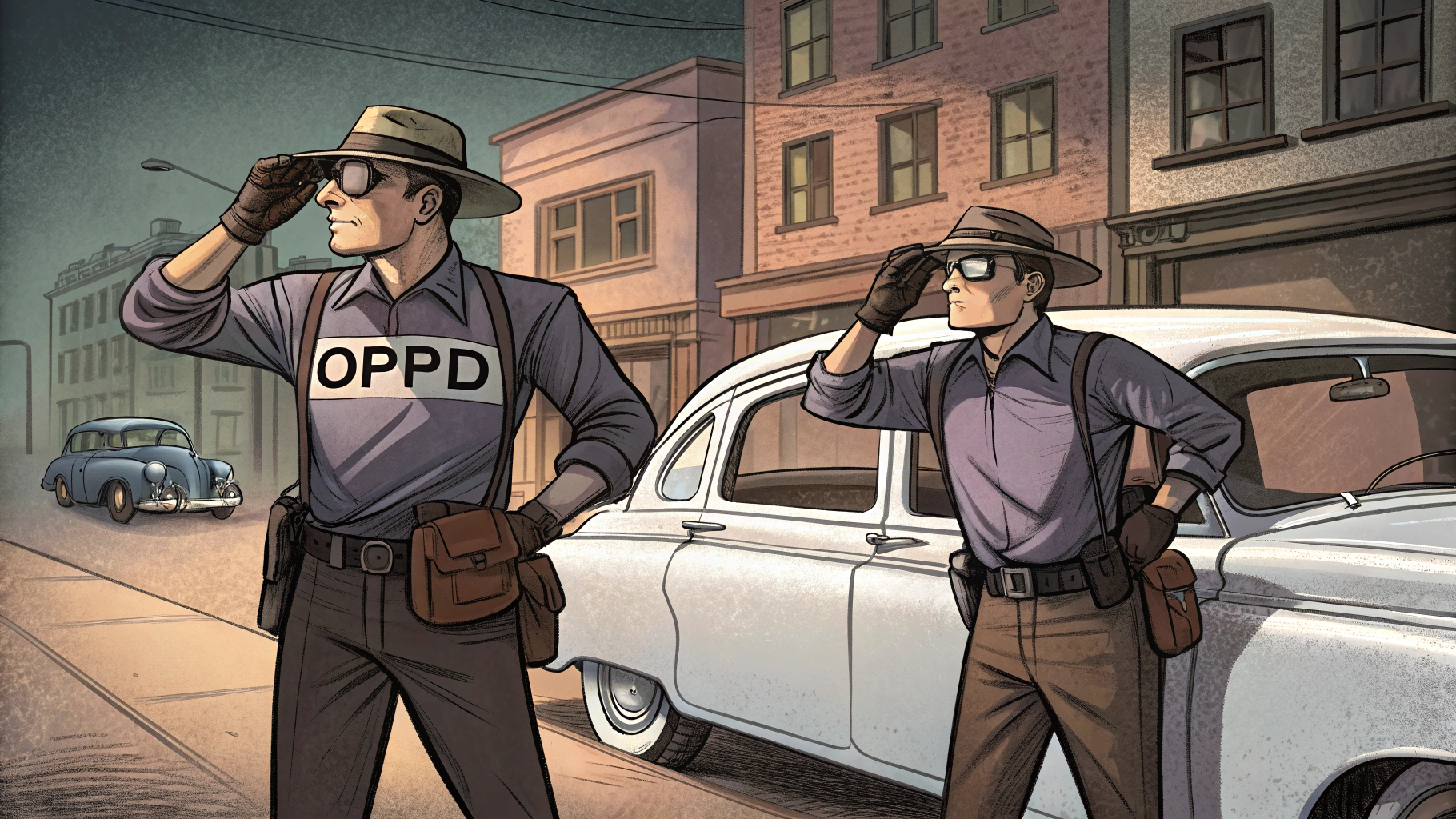 AI generated image by Red Panda AI: two mysterious and sketchy men are utility workers with shirts that say "OPPD", they stand next to a white sedan, 1950s comic book style