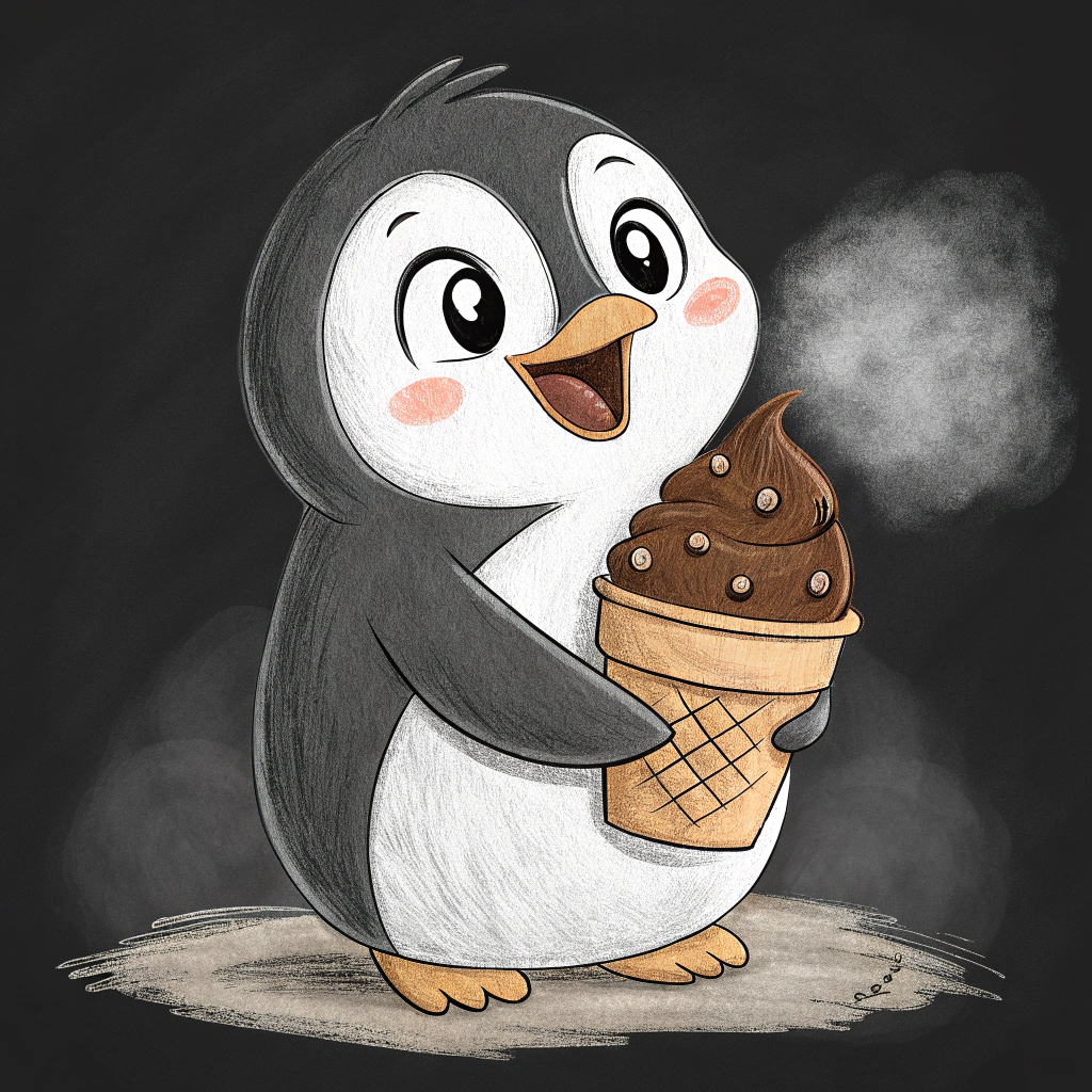 AI generated image by Red Panda AI: a penguin that looks like a world famous cartoon character. The penguin is very sweet and cute. It looks very happy and cheerful and smiles. It holds a rolled ice cream in a brown container. The rolled ice cream is covered with chocolate sauce and chocolate chips. The background is black and slightly hazy. 2d vector drawing. Pencil drawing
