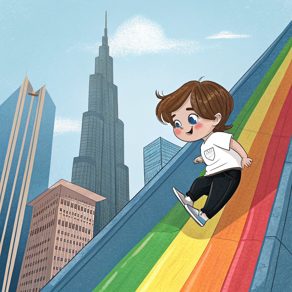 AI generated image by Red Panda AI: un niño pequeño de pelo moreno y ojos azules, con una camiseta blanca y unos pantalones negros saliendo de un rascacielos usando un arcoíris como tobogán, el cielo tiene que estar soleado y en los alrededores hay más rascacielos.