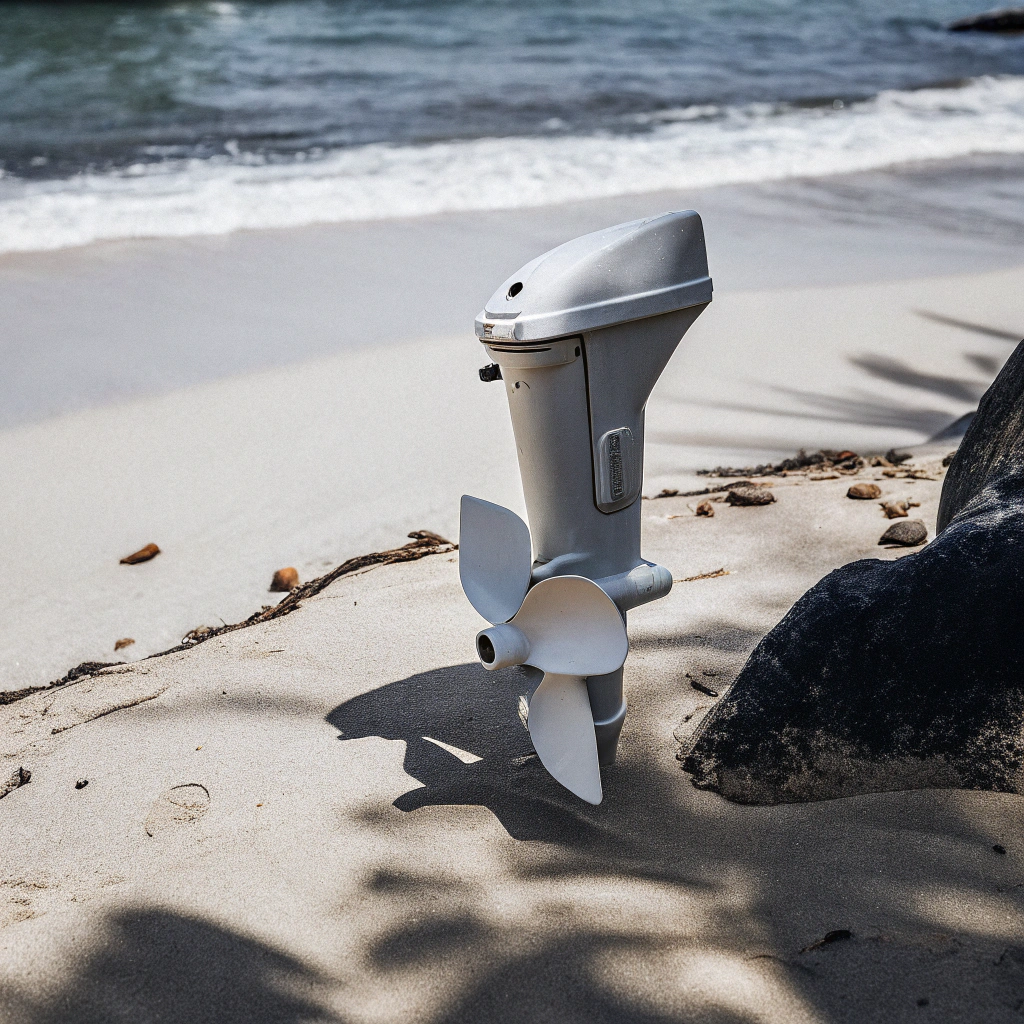 AI generated image by Red Panda AI: 63V-45952-10-EL standard white Yamaha propeller placed on a beach
