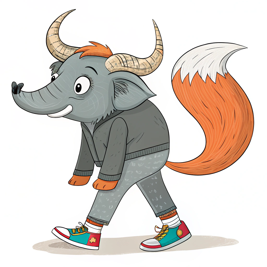 AI generated image by Red Panda AI: Dibujá un animal que tenga cabeza de toro con cuernos, cuerpo de elefante gris y patas con zapatillas y cola de zorro peluda y larga