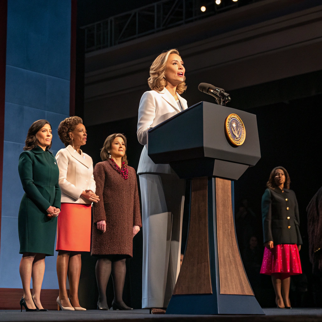 AI generated image by FLUX.1-schnell: A female presidential figure speaking on stage surrounded by other women advisors please make the image ultra photo realistic