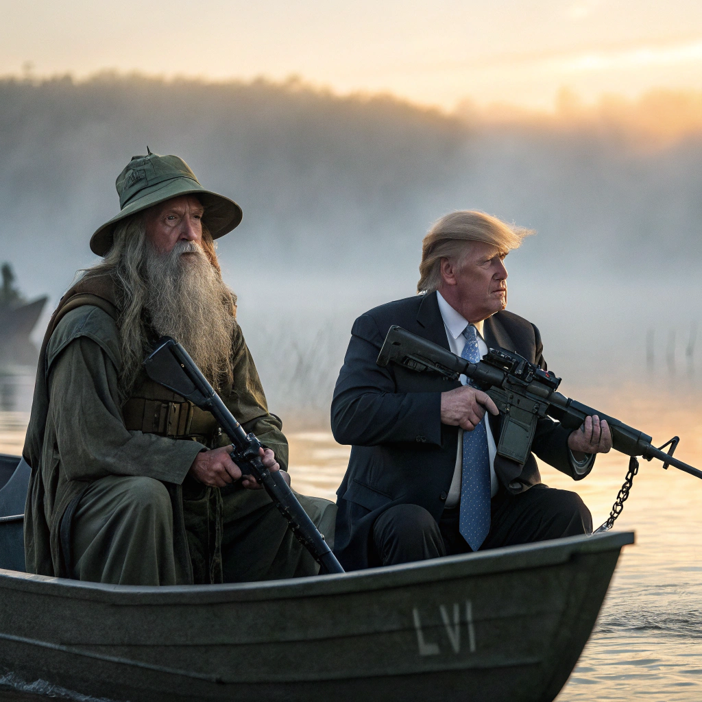 AI generated image by Red Panda AI: Erstelle ein realistisches Bild mit Gandalf und Donald Trump auf einem Boot im Vietnamkrieg. Beide sind mit Maschinengewehren bewaffnet. Im Hintergrund geht gerade die Sonne auf.