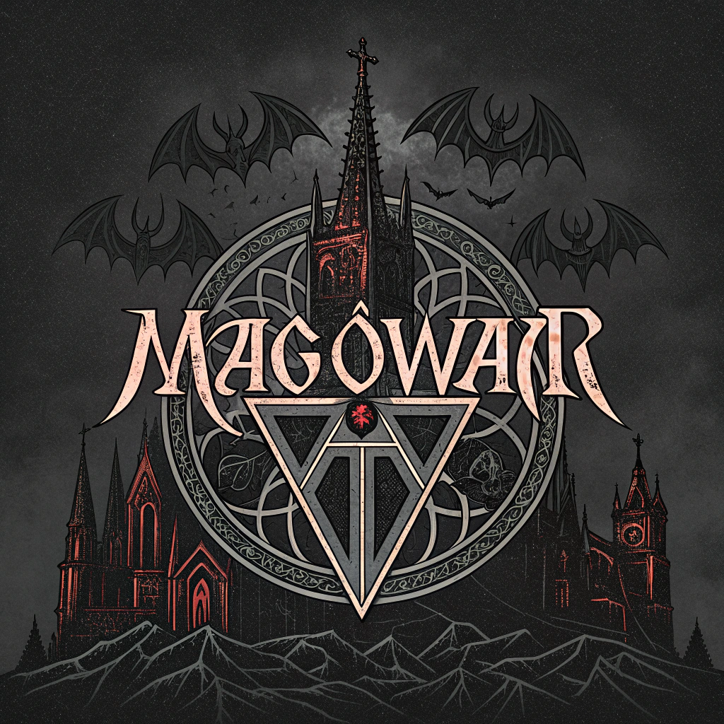 AI generated image by Red Panda AI: black metal band logo, written "MAGOWAR"