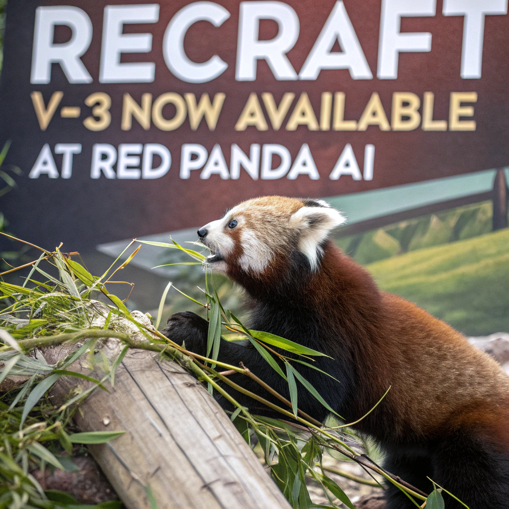 AI generated image by Red Panda AI: a red panda eating a bamboo in front of a poster that says "recraft V3 now available at red panda ai