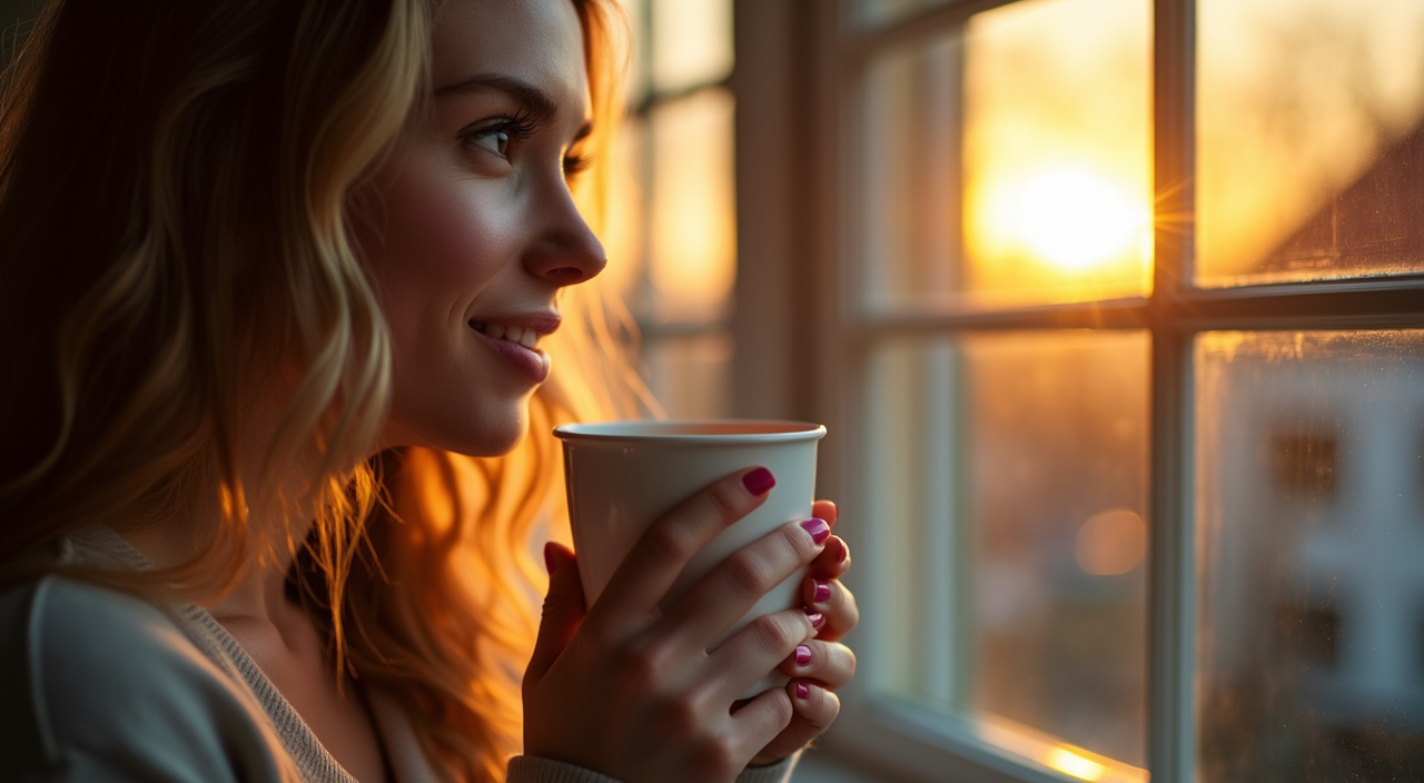 AI generated image by FLUX.1-pro: A brunette drinking coffee at sunrise in a bay window