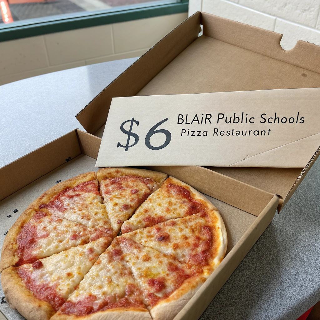 AI generated image by Red Panda AI: image of a pizza in a box with 11 slices visible. In place of slice #12 is the hand-written text: "$6". The name on the sign of the
pizza restaurant sign is "Blair Public Schools"