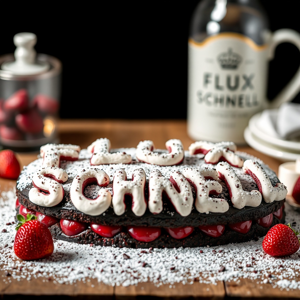 AI generated image by FLUX.1-schnell: black forest gateau cake spelling out the words "FLUX SCHNELL", tasty, food photography, dynamic shot
