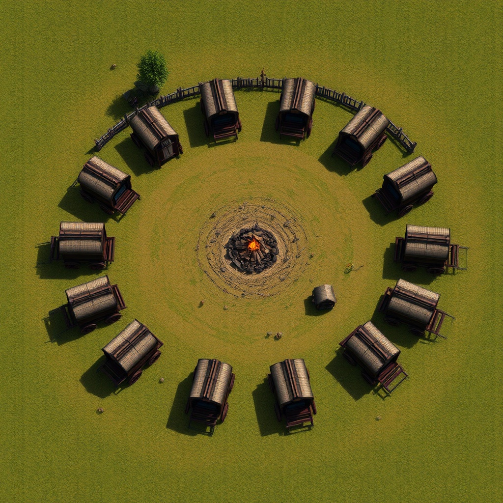 AI generated image by FLUX.1-schnell: TTRPG BATTLEMAP that contains a circle of 9 wagons and makeshift horse pen. There is a central cooking fire and a number of tents.