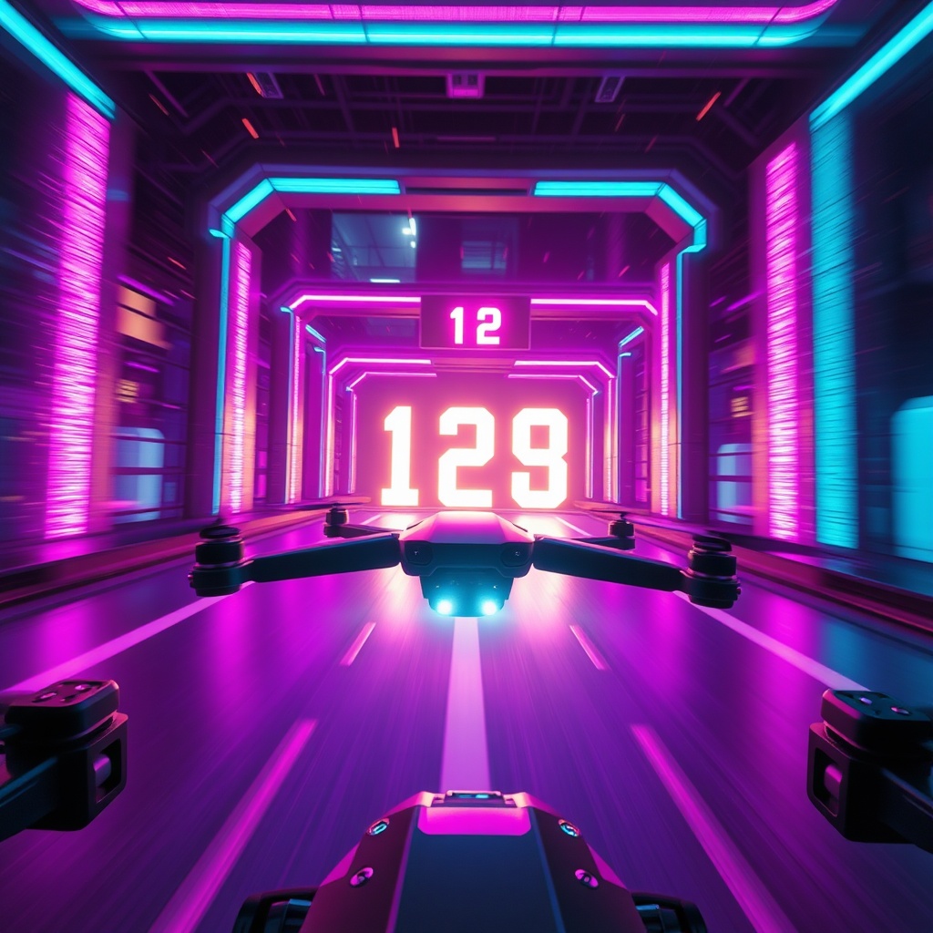 AI generated image by FLUX.1-schnell: A cinematic drone racing scene, 3 first-person view FPV drones flying through neon-lit futuristic city gates at extreme speed, 4K high quality, cyberpunk style with purple and cyan neon lights, motion blur, dynamic camera movement, particles and light trails, intense competition atmosphere, 12 glowing numbers floating in background, championship vibe, slow motion finish line crossing, epic cinematic 12 seconds loop