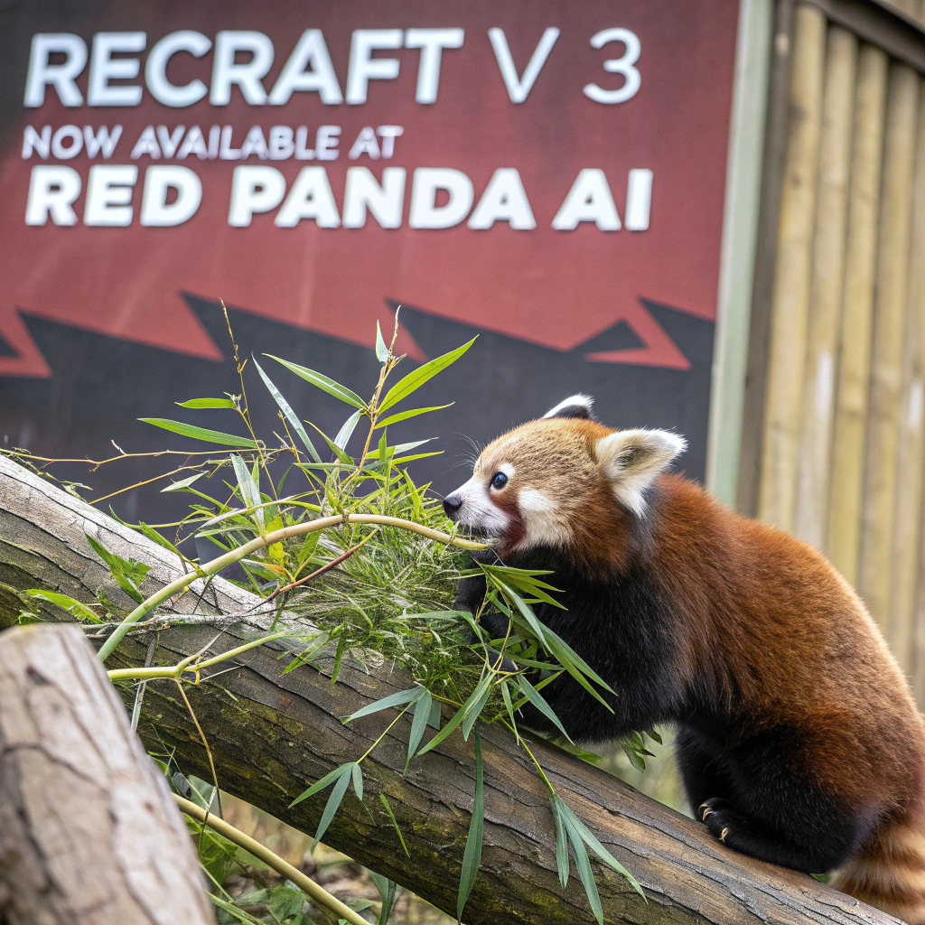 AI generated image by Red Panda AI: a red panda eating a bamboo in front of a poster that says "recraft V3 now available at red panda ai