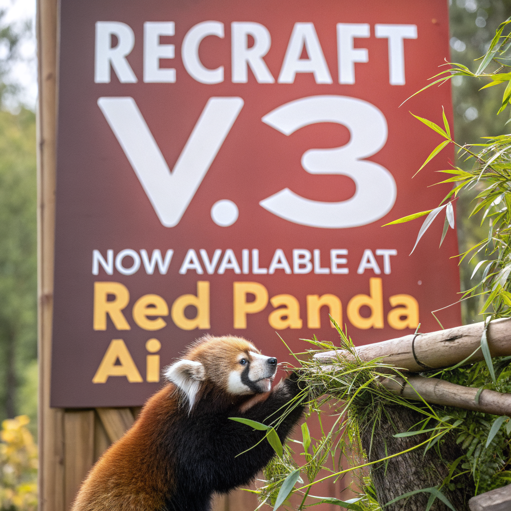 AI generated image by Red Panda AI: a red panda eating a bamboo in front of a poster that says "recraft V3 now available at red panda ai