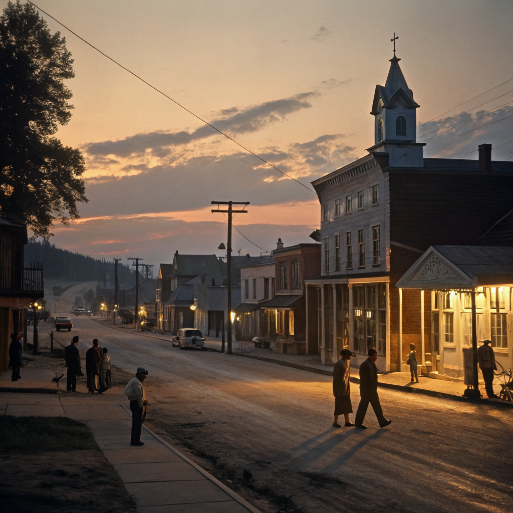 AI generated image by Red Panda AI: 50 years ago, in a remote town in the United States, I wanted four pictures: morning, noon, evening, and late night