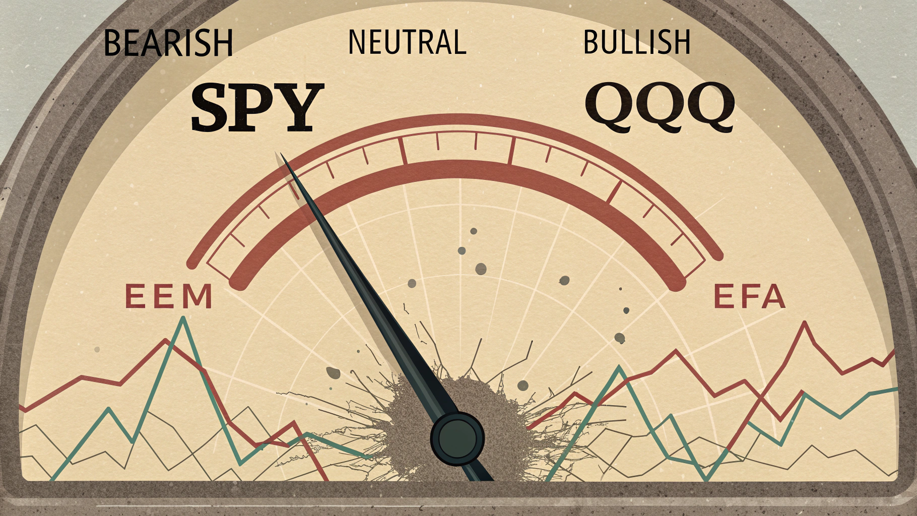 AI generated image by Red Panda AI: A dramatic illustration showing a vintage market sentiment gauge with a needle that has violently broken through its maximum reading. The gauge would be labeled from "Bearish" through "Neutral" to "Bullish," but the needle has smashed through the "Bullish" end of the scale, shattering the glass and continuing beyond the gauge's design limits.
In the background, subtle chart patterns of the SPY and QQQ would be visible, showing their upward trajectories, while smaller gauges representing international markets (EEM, EFA) remain in the neutral zone. The glass fragments from the broken gauge would be scattering across these charts.