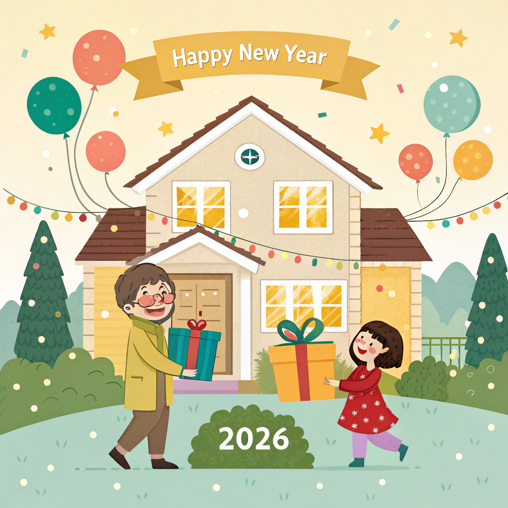 AI generated image by Red Panda AI: Create a post qith cartoon style for Happy New Year 2026, linking it to the Real Estate sector. Attach festive images.