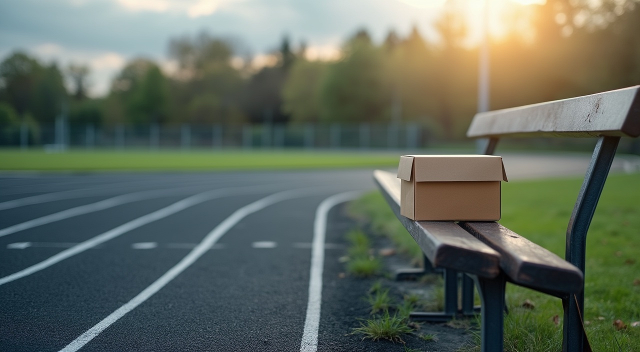 AI generated image by FLUX.1-pro: A realistic photograph of a small box sitting on an angled metal bench with a running track in the background. The bench with the box should take up the lower right corner of the composition, while the track and scenery takes up the upper left two thirds of the composition. The track itself should take up as much of the background as possible while still looking realistic in perspective. The running track is made of black rubber turf with white stripes, and the curved part of the track is what is visible to the camera. The photo should include sky and trees off in the far distance with lens blur, while the box and the bench should be in full focus.