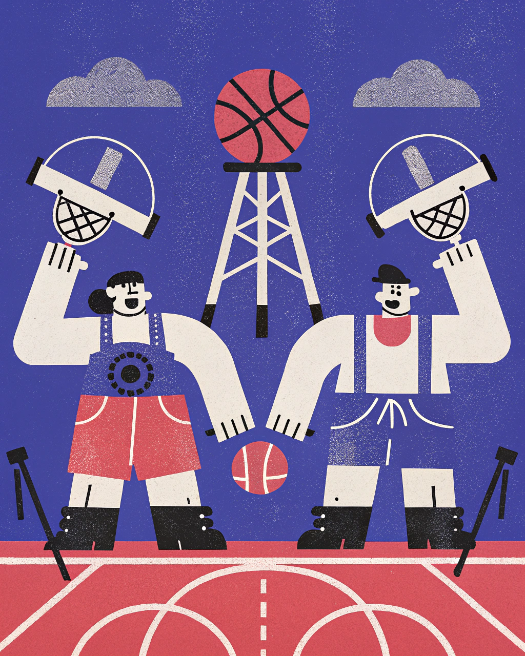 AI generated image by Red Panda AI: black and white poster in a retro cartoon style about a basketball game between a basketball team made up of architects and another basketball team made up of civil engineers