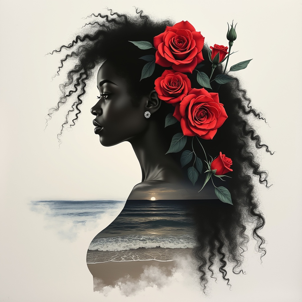 AI generated image by FLUX.1-pro: An exquisite ink painting on white paper using double exposure photography style, featuring the silhouette of an African American woman with long curly hair. Her volume-shaded silhouette merges seamlessly with beautiful red roses in her hair, their vibrant color standing out against the monochrome background. The background is a soft white, with the faint outline of a serene beach merging into the scene, giving an ethereal, dreamlike quality. The beach's soft waves and horizon gently fade into her silhouette, creating a harmonious fusion between nature and the human form.