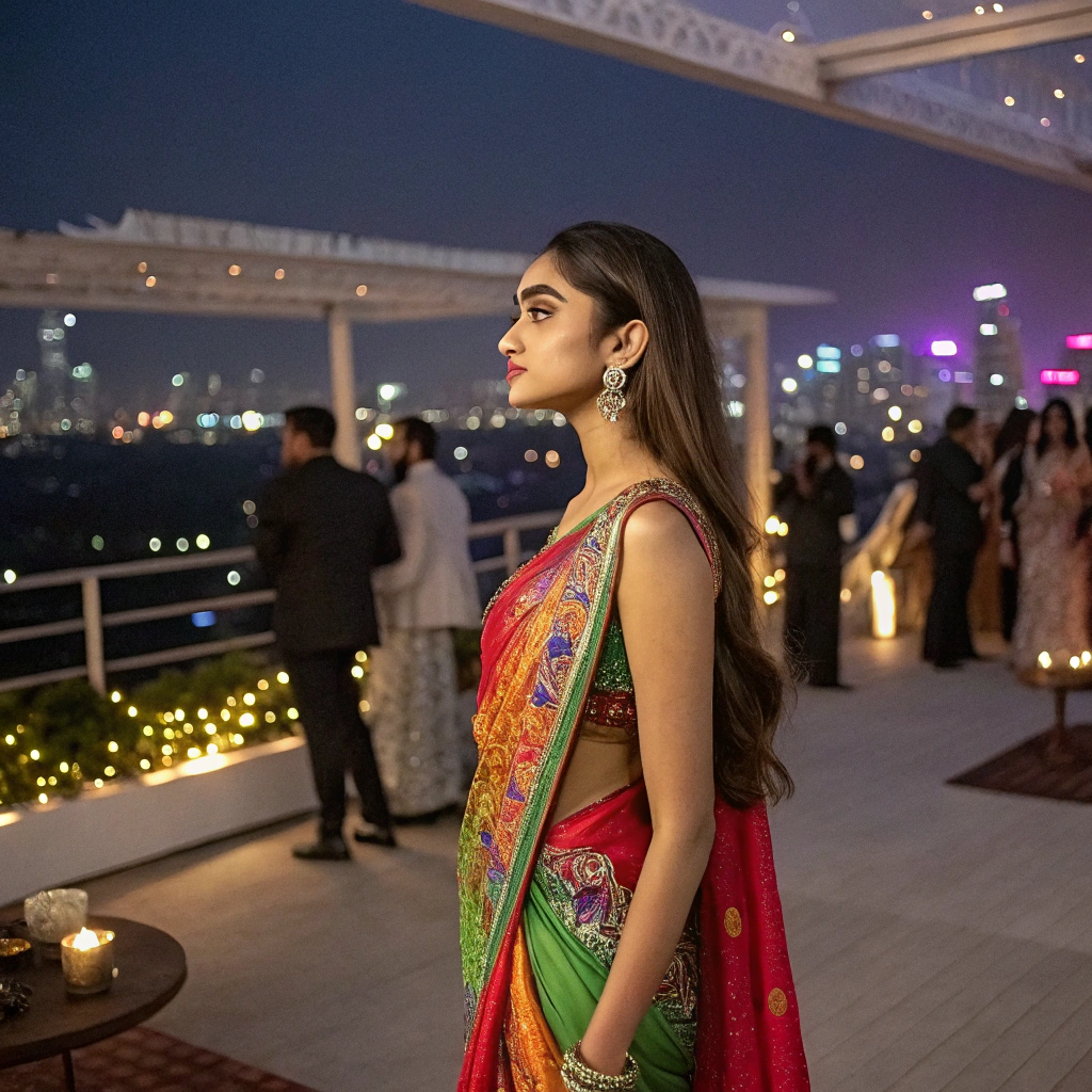 AI generated image by Red Panda AI: A 27-year-old Indian girl with long straight hair, dressed in a designer saree, attending a glamorous rooftop party in Mumbai, city lights twinkling in the background, highly detailed, ultra-realistic