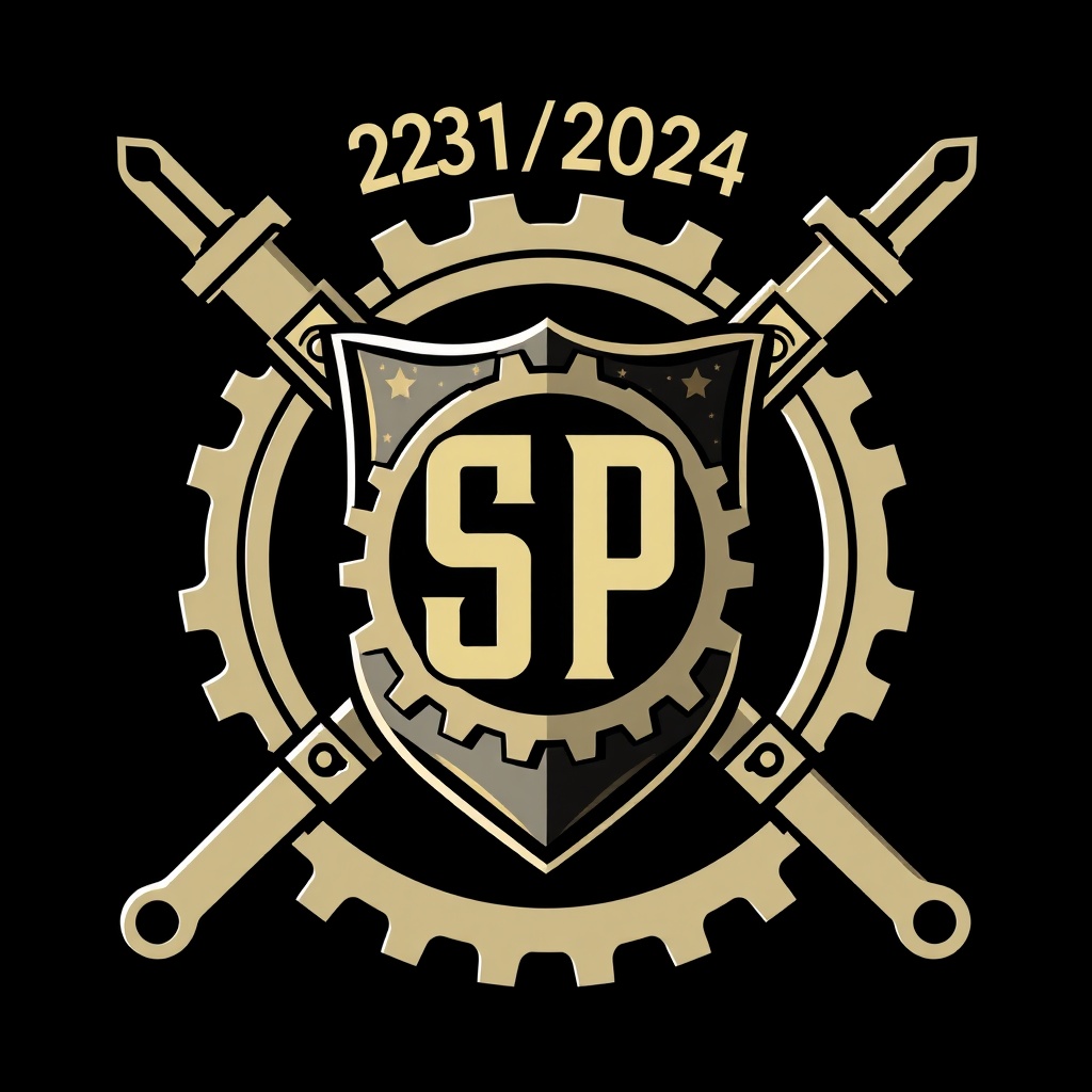 AI generated image by FLUX.1-schnell: create a coat of arms for my CV to be the theme of mechanics and in the middle the initials SP and insert the number 231/2024 above