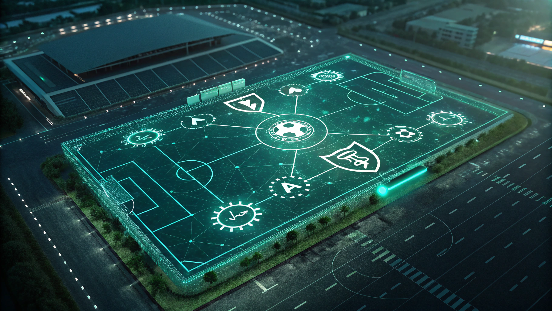 AI generated image by Red Panda AI: Futuristic digital landscape, transparent sports field outline interlaced with robotic gears, medical symbols, and shield icons representing diverse fields, glowing digital nodes and lines subtly connecting each element, dark and green tones, creating a tech-inspired, versatile, professional ambiance