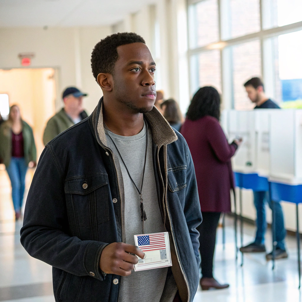 AI generated image by Red Panda AI: Please show a young black man standing in line to vote.