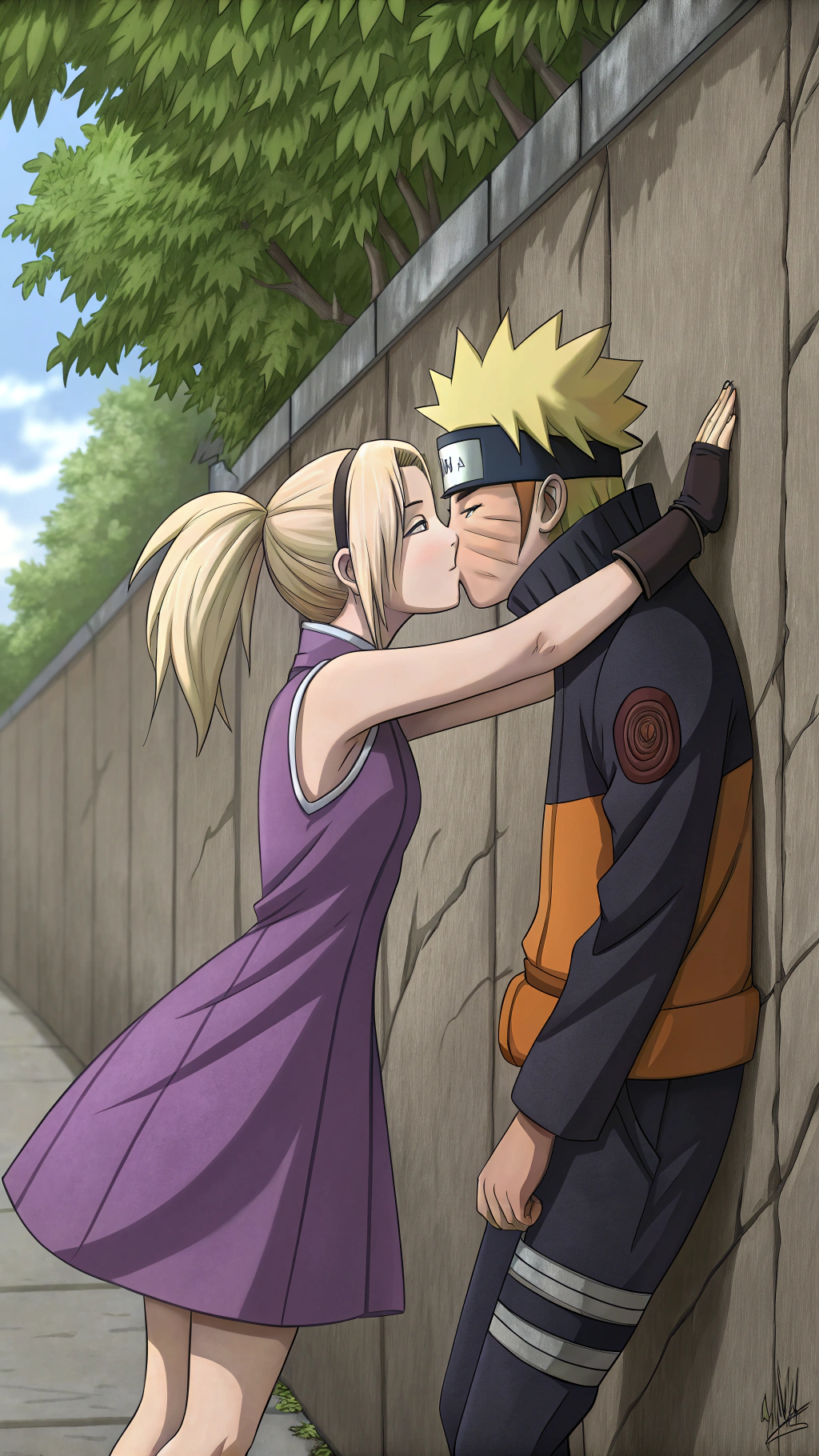 AI generated image by Red Panda AI: A scene from an anime where a sly Ino yamanaka wearing a purple dress is passionately kissing naruto against a wall