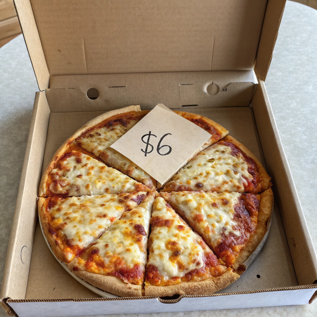 AI generated image by Red Panda AI: image of a pizza in a box with 11 slices visible. In place of slice #12 is the hand-written text: "$6"