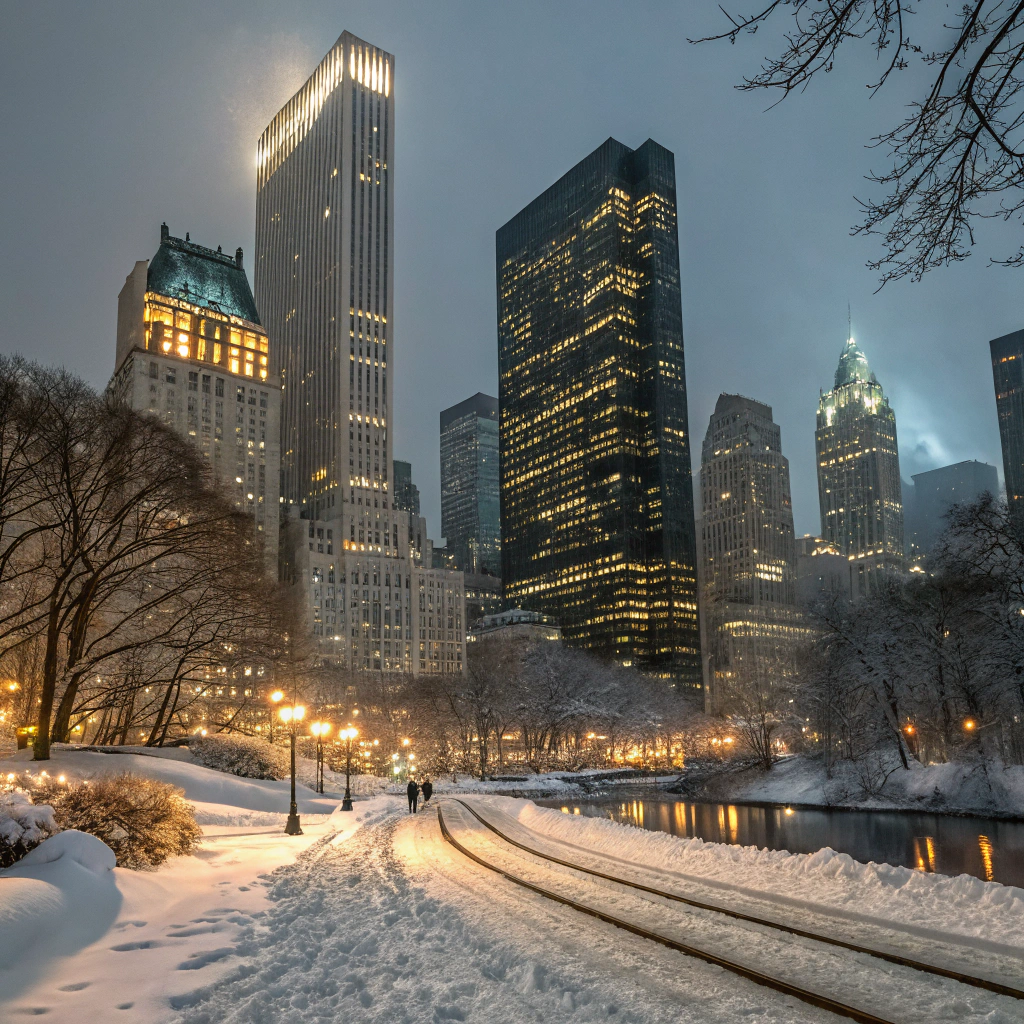 AI generated image by FLUX.1-schnell: Realistic 8k night snow in new york skyline with lighting led.