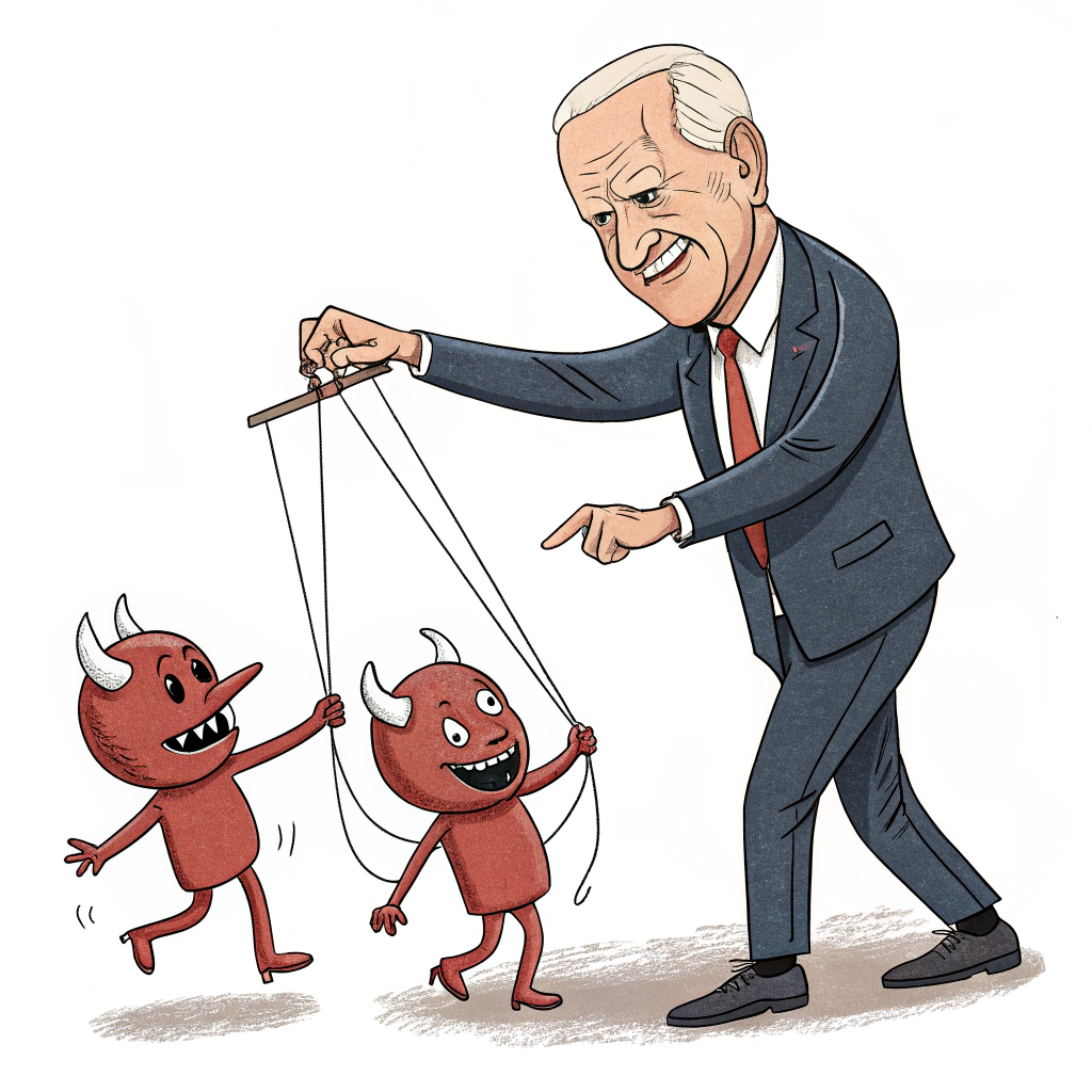 AI generated image by Red Panda AI: little jewish devils, drawn as little devils with horns and yarmulke pulling the strings of joe biden who is a puppet on strings like pinocchio