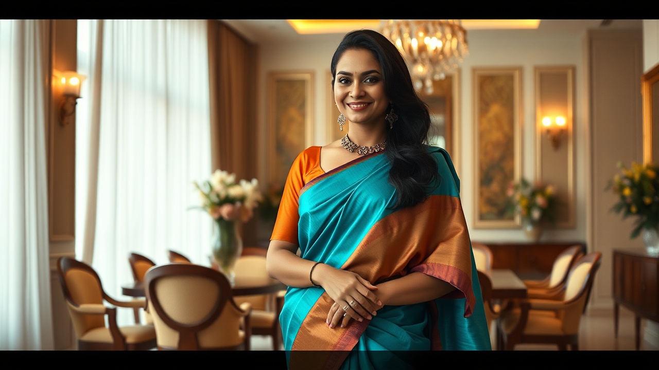 AI generated image by FLUX.1-schnell: Create a photrealistic image of a urban, 40 years old Transgender Woman from India in the dining hall of a luxurious indian house. Transgender Woman is smiling, shy, 176 centimeters tall, and 60 kilogram in weight.
The Transgender Woman draped in tarquoise colored designer silk sari.
The Transgender Woman in the standing position, head to feet, wearing high heels and sari is touching the floor in all sides.
Blouse is half sleeve, tangerine colored, collarless.
The Transgender Woman false eyelashes.
The Transgender Woman is wearing 3D makeup.
Transgender Woman is wearing a black, tomboyish style realistic wig.
Transgender Woman is wearing big jimiki earrings. The Jimiki earrings designed as umbrella shaped. Transgender Woman is wearing thick necklace.